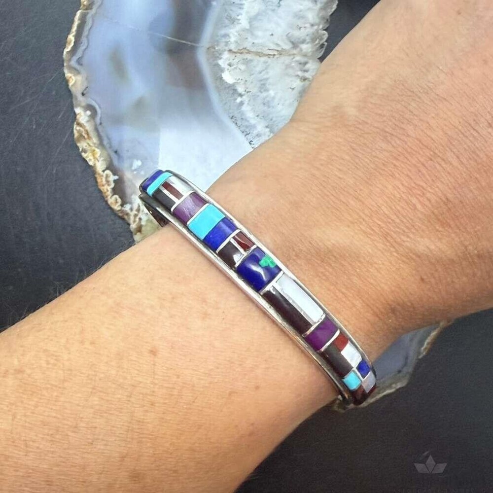 Vintage Native American Sterling Silver Multi Stone Inlay Bracelet For Women